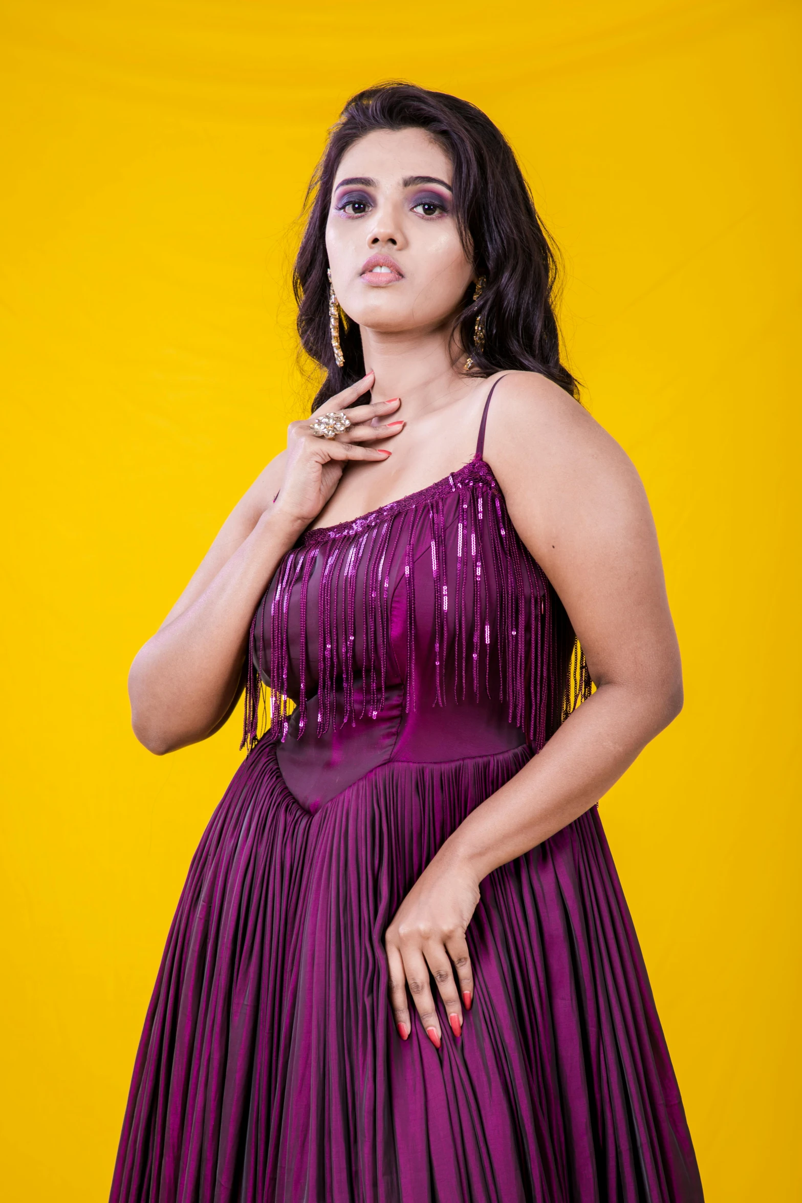 a woman in a purple dress posing for the camera, an album cover, pexels, indian, 15081959 21121991 01012000 4k, curves!!, promotional images