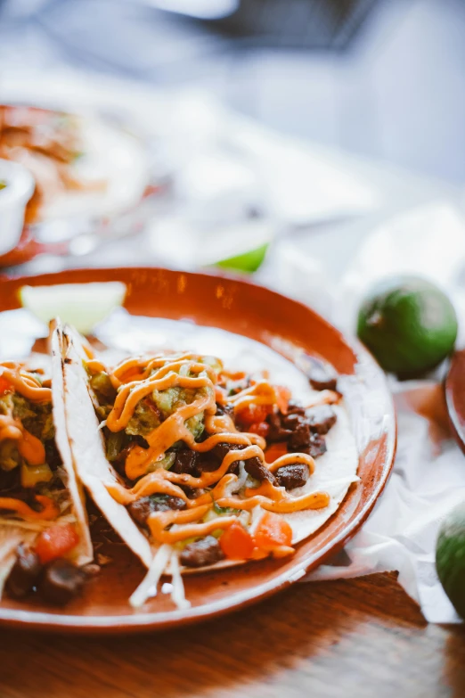 a couple of tacos sitting on top of a wooden table, pexels contest winner, happening, orange and white color scheme, place setting, beans, multiple lights