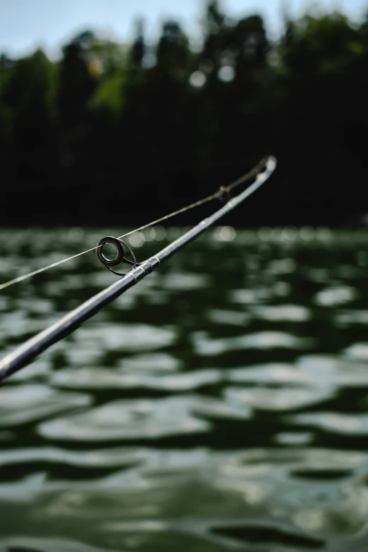 a fishing rod sitting on top of a body of water, zoomed in, in a lake