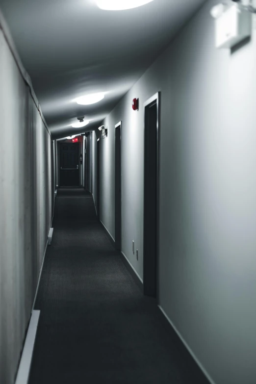 a black and white photo of a long hallway, inspired by Gregory Crewdson, pexels, colour photograph, hotel room, isolated, fluorescent lights