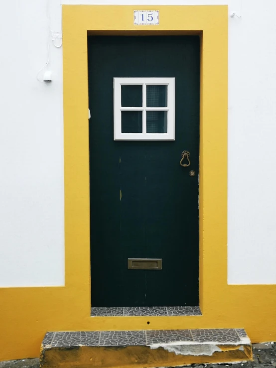 a red fire hydrant sitting in front of a green door, a minimalist painting, by Alejandro Obregón, pexels contest winner, white and yellow scheme, azores, yellow and black trim, glass and gold and jade