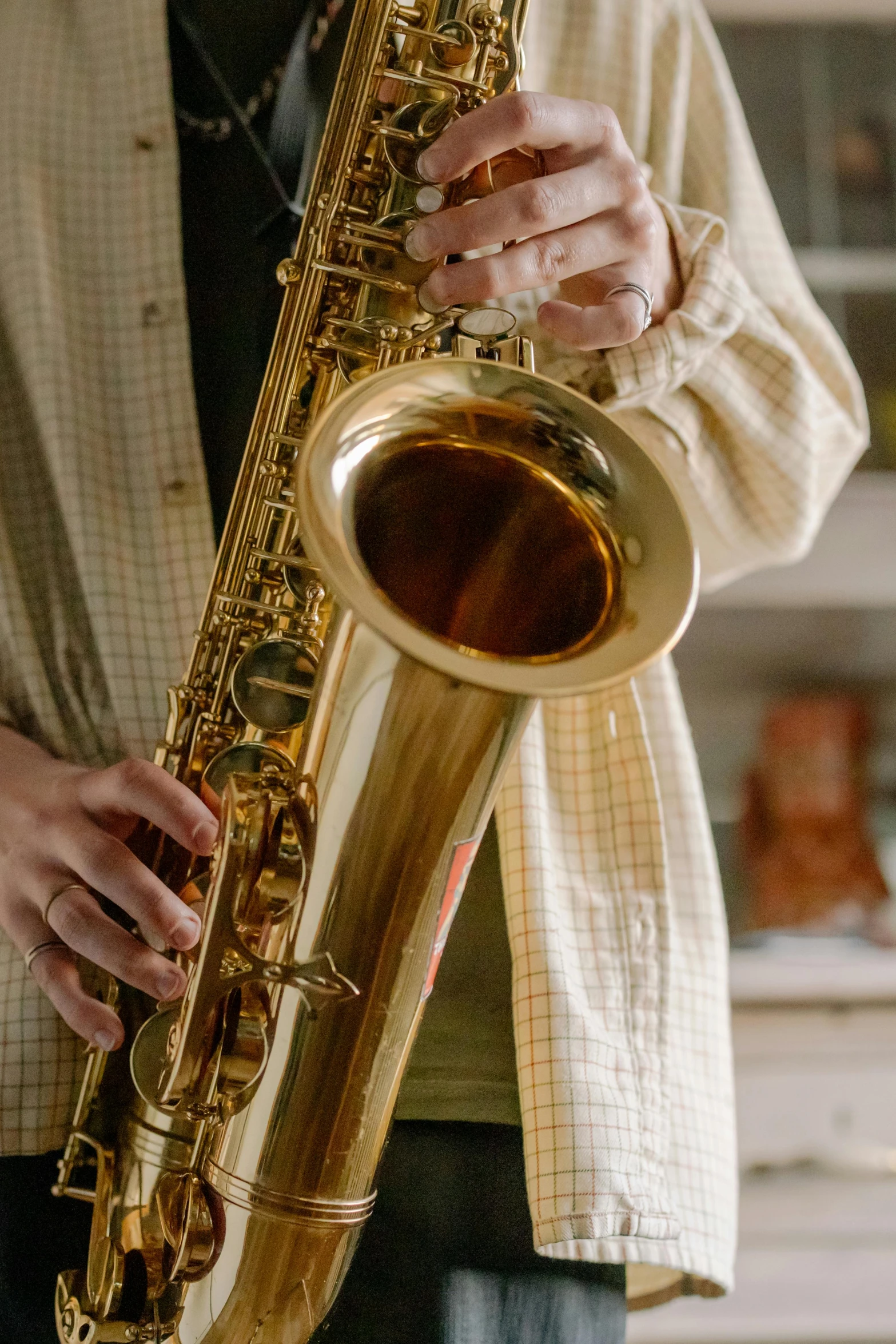 a close up of a person holding a saxophone, in house, casually dressed, handcrafted, playing