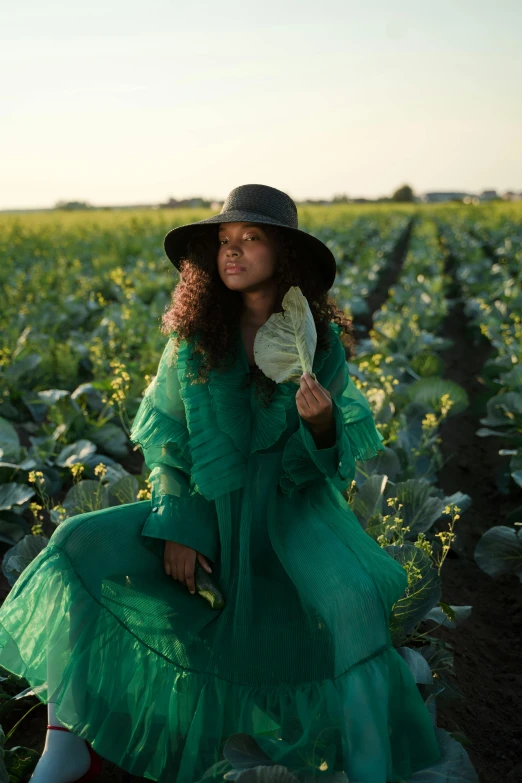 a woman in a green dress and hat sitting in a field, an album cover, pexels contest winner, renaissance, imaan hammam, oprah okra winfrey sentient veg, in louisiana, anna nikonova