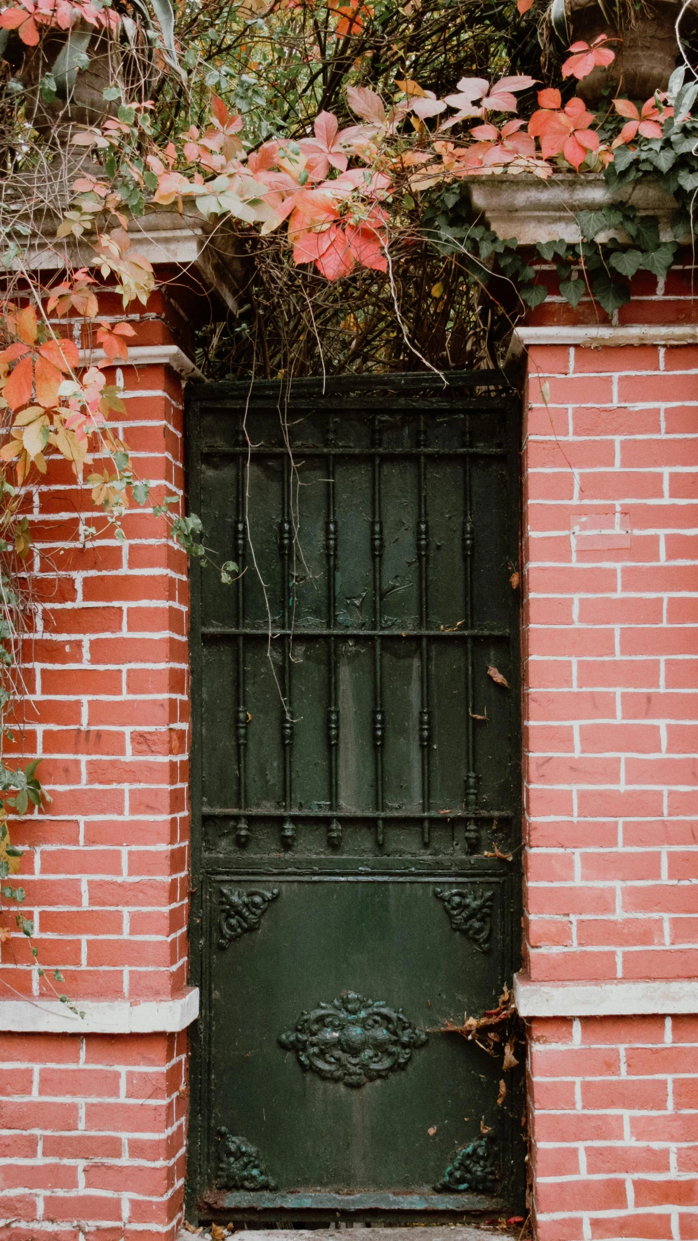 a red brick building with a green door, unsplash, autum garden, iron gate door texture, low quality photo