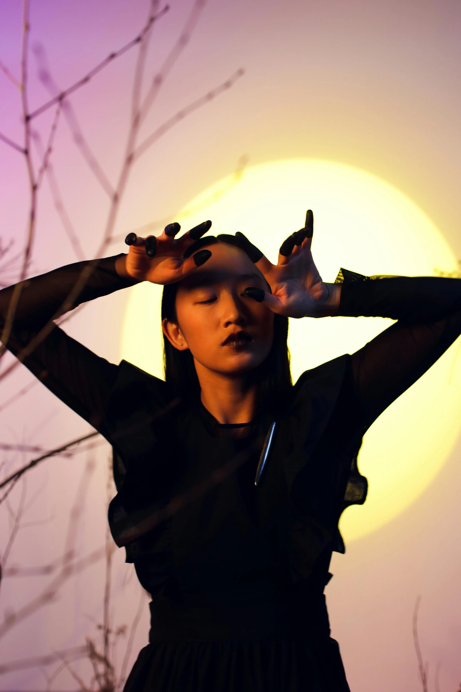 a woman standing in front of a full moon, an album cover, inspired by Xie Sun, trending on pexels, dancer, gongbi, evil pose, suns