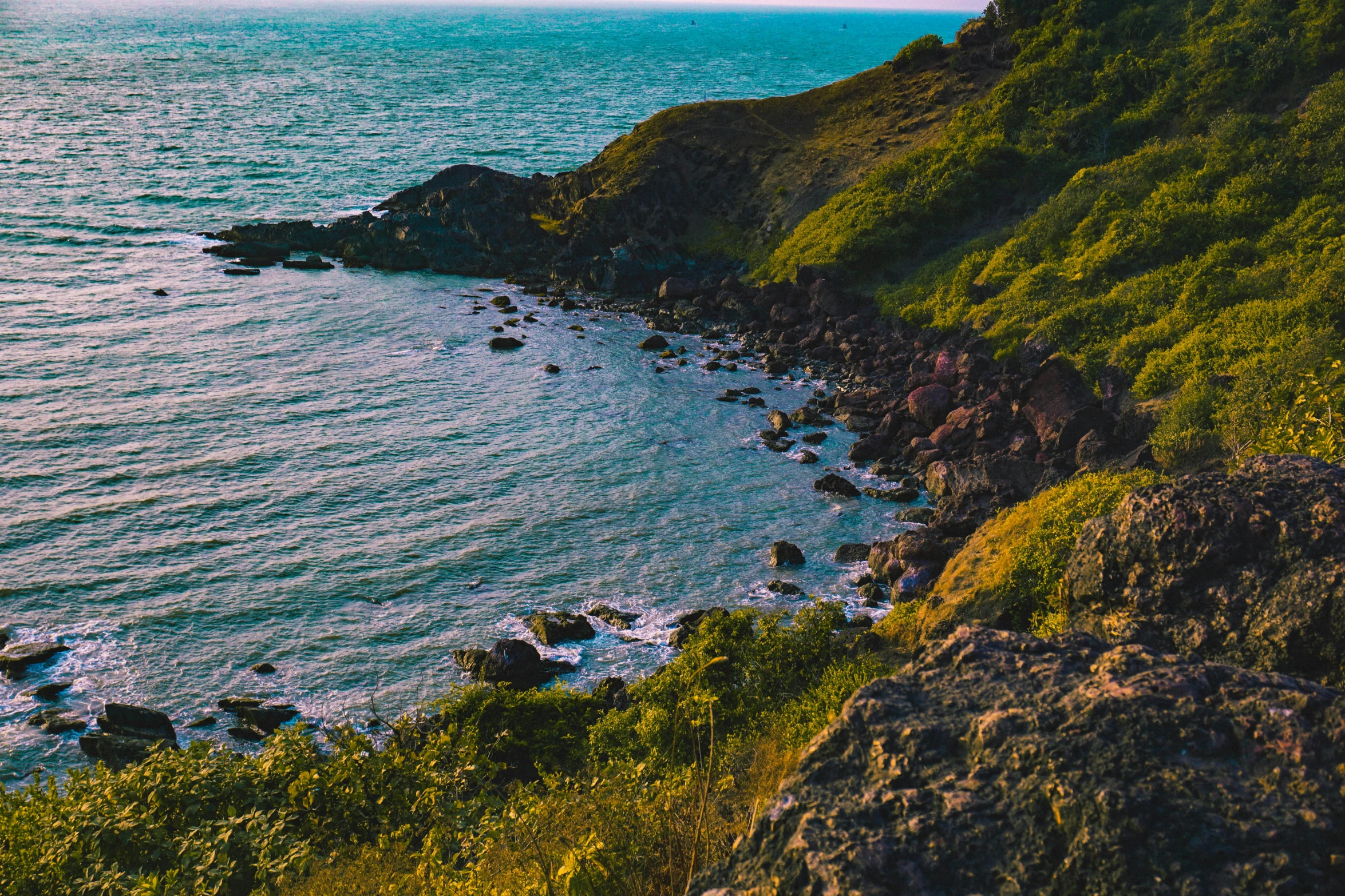 a large body of water next to a lush green hillside, pexels contest winner, rocky seashore, thumbnail, maxim shirkov, brown