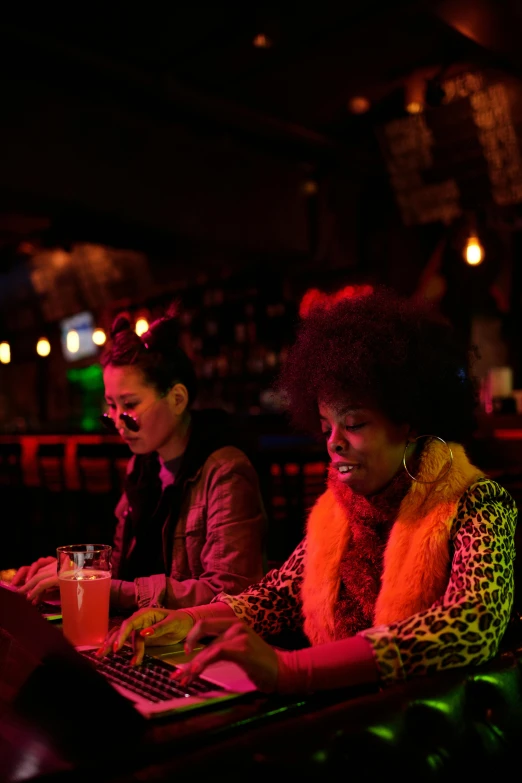 a group of people sitting at a table with laptops, a portrait, by Dennis Flanders, pexels, happening, chinatown bar, with afro, 2 5 6 x 2 5 6 pixels, medium shot of two characters