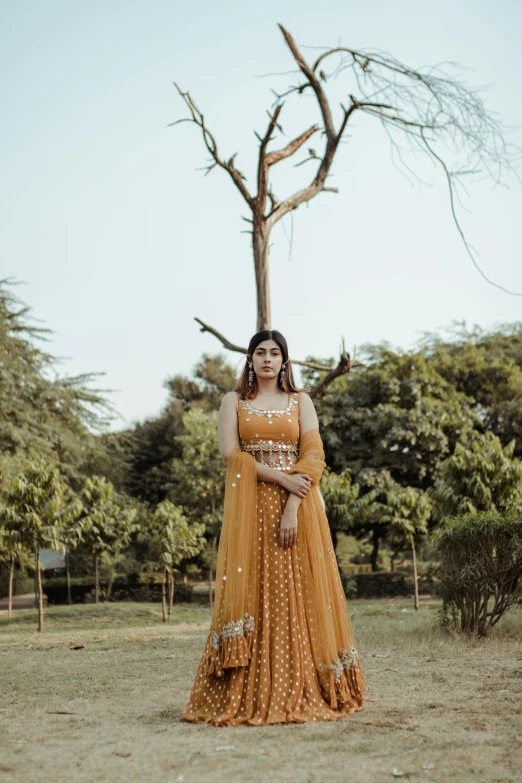 a woman standing in a field next to a tree, inspired by Saurabh Jethani, pexels contest winner, renaissance, orange and yellow costume, elegant cinematic pose, intricate details. front on, polka dot