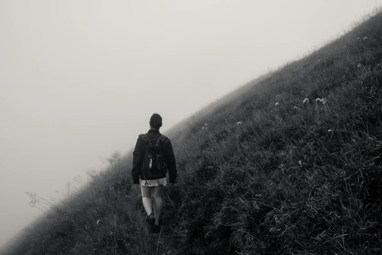 a person walking up a hill on a foggy day, a black and white photo, pexels contest winner, happening, a man wearing a backpack, grassy hill, instagram post, sad man