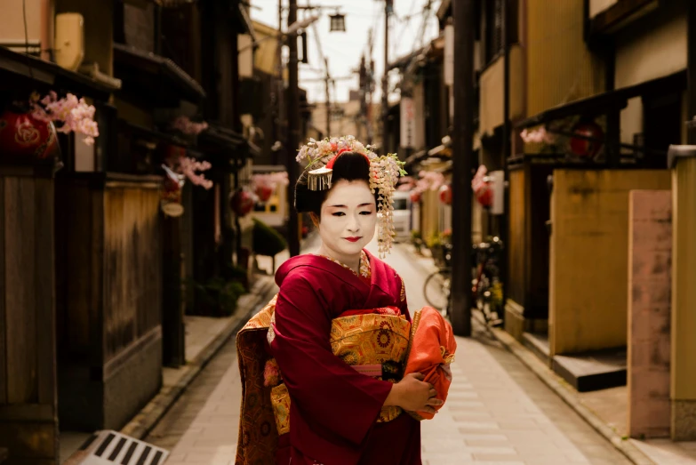 a woman in a kimono walking down a narrow alley, inspired by Uemura Shōen, pexels contest winner, noh theatre mask, portrait of a beautiful