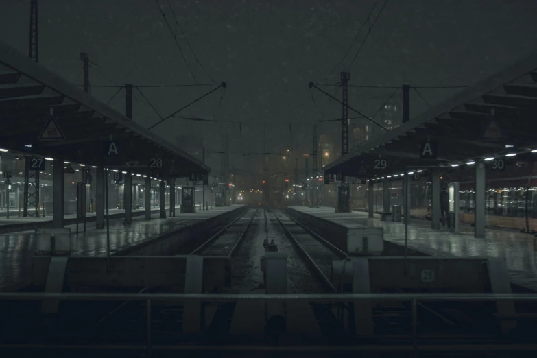 a train station at night with the lights on, a detailed matte painting, rainy day. game render, profile picture 1024px, heavy winter aesthetics, cinematic unreal 5
