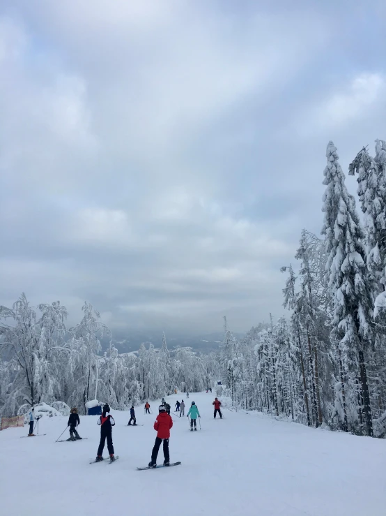a group of people riding skis down a snow covered slope, by Emma Andijewska, pexels contest winner, trees in background, trip to legnica, panorama view, low quality photo