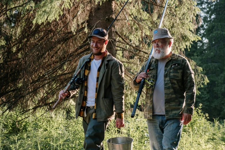 a couple of men standing next to each other, fishing pole, black fir, bill murray, wearing adventuring gear