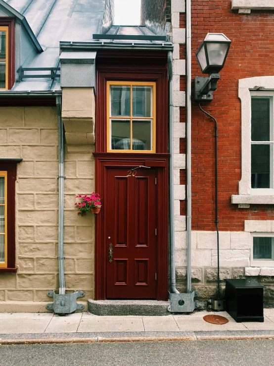 a red fire hydrant sitting on the side of a street, a photo, inspired by A. J. Casson, pexels contest winner, art nouveau, wood door, house windows, maroon metallic accents, windows and walls :5