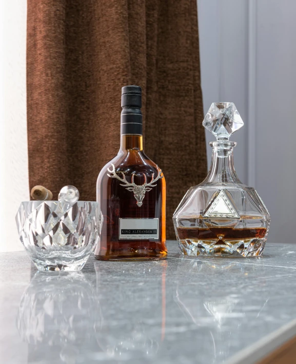 a couple of bottles sitting on top of a table, inspired by William Grant Stevenson, crystal cubism, with trident and crown, whisky, with an ashtray on top, award winning dark