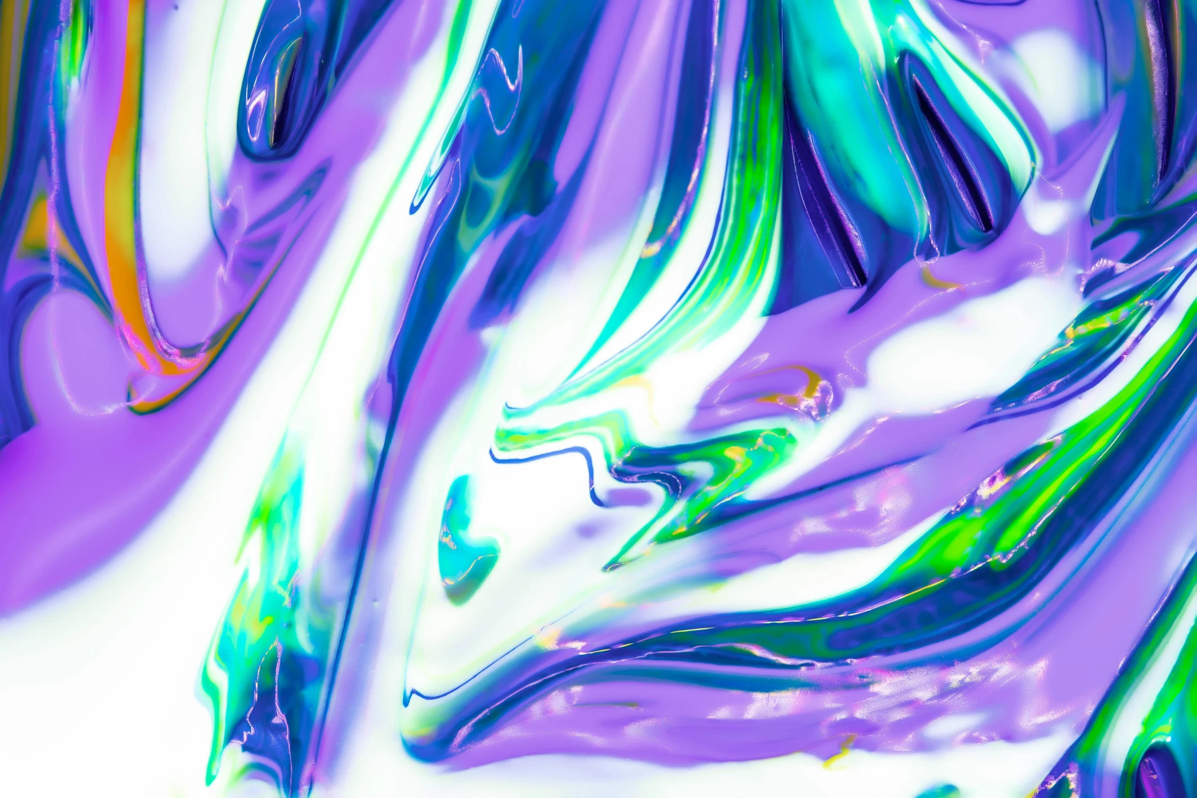 a close up of a liquid painting on a white surface, a digital painting, inspired by Yanjun Cheng, trending on pexels, purple and green, shiny plastic, purple and blue neon, album cover