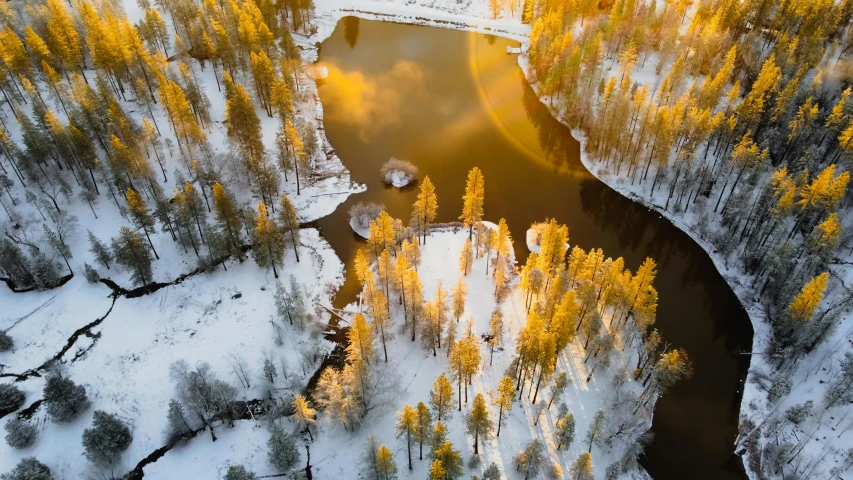 a river running through a snow covered forest, by Anton Lehmden, pexels contest winner, land art, lake filed with molten gold, light from above, mongolia, yellow hue