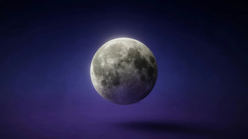 a full moon with a blue sky in the background, an album cover, trending on pexels, photorealism, purple volumetric lighting, cinema 4d bright light render, grey, pluto