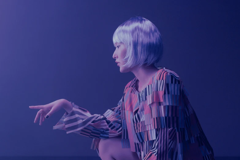 a woman with white hair sitting on a stool, inspired by Gao Cen, unsplash, holography, purple shiny bob haircut, patterned clothing, promo image, color graded