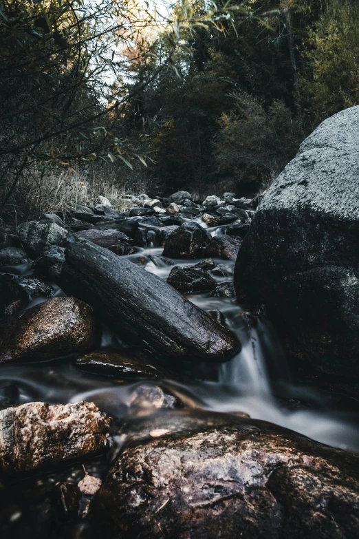 a stream running through a forest filled with rocks, by Jacob Toorenvliet, unsplash contest winner, australian tonalism, river flowing beside the robot, with lots of dark grey rocks, smooth 4k, multiple stories