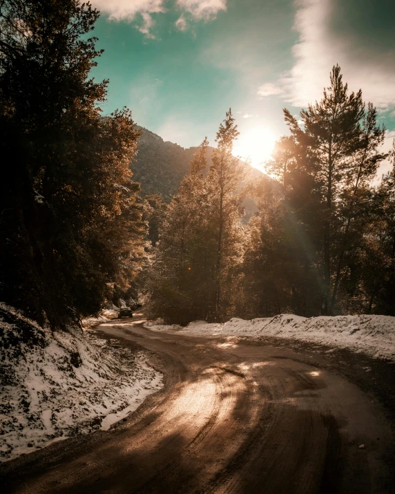 a dirt road in the middle of a forest, snowy mountains, bursting with holy light, photos, 500px photos