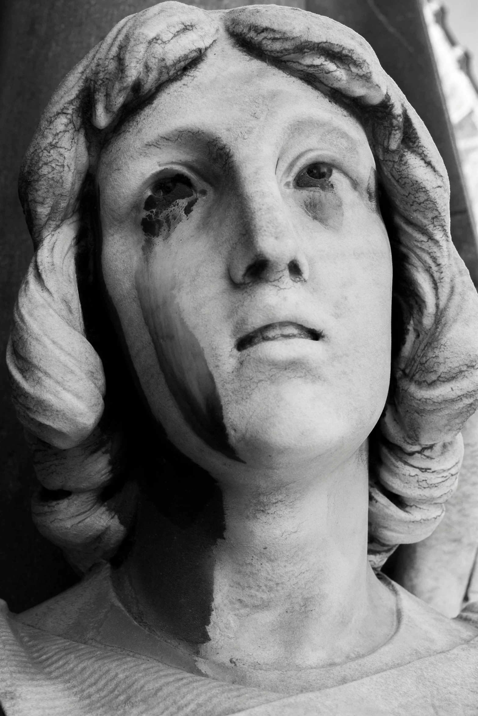 a black and white photo of a statue of a woman, a statue, inspired by Andrea del Verrocchio, flickr, classical realism, with a bruised face and bruises, ahegao face, realistic restored face, heavenly marble