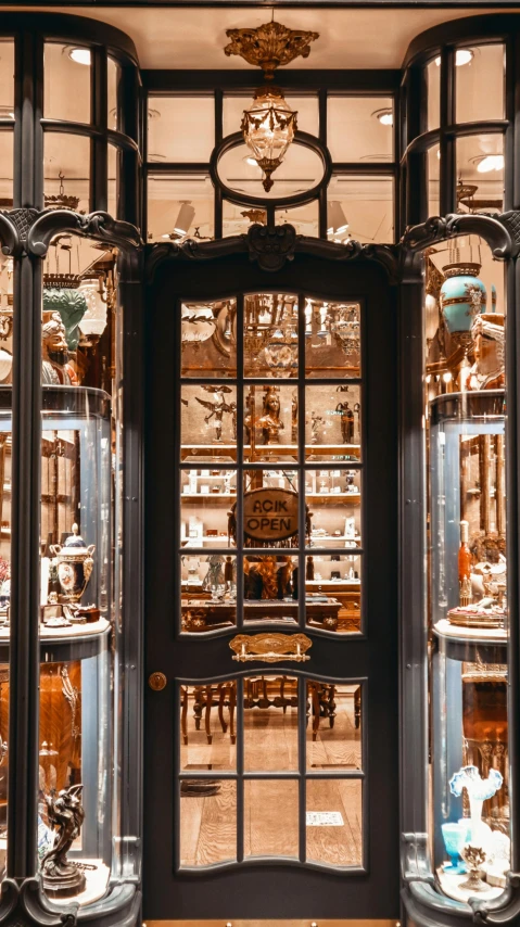 a store front filled with lots of glass, pexels contest winner, rococo, copper details, cupboards, thumbnail, indoor scene