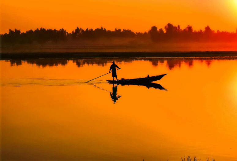 a couple of people that are on a boat in the water, by Sudip Roy, pexels contest winner, minimalism, orange dawn, fishing, andrey gordeev, 3 boat in river