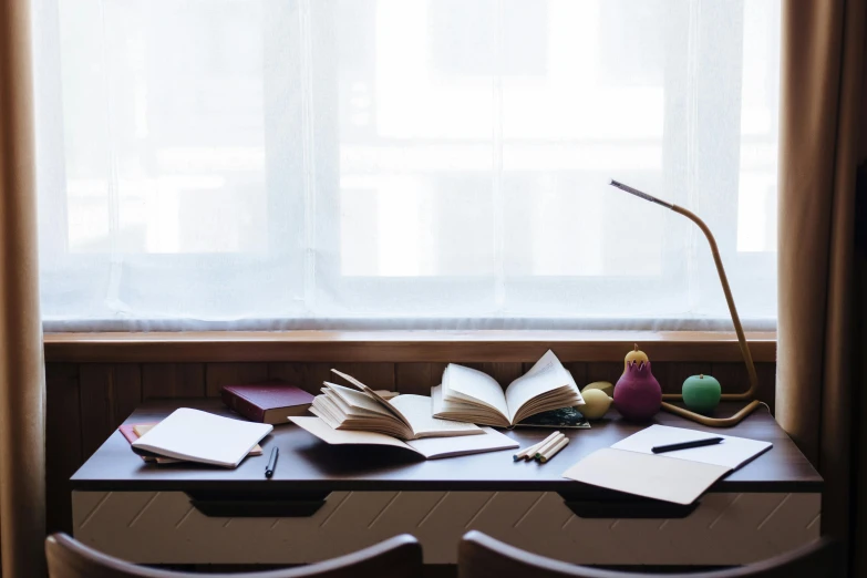 an open book sitting on top of a desk next to a window, pexels contest winner, figuration libre, table with microphones, julia hetta, student, wooden desks with books