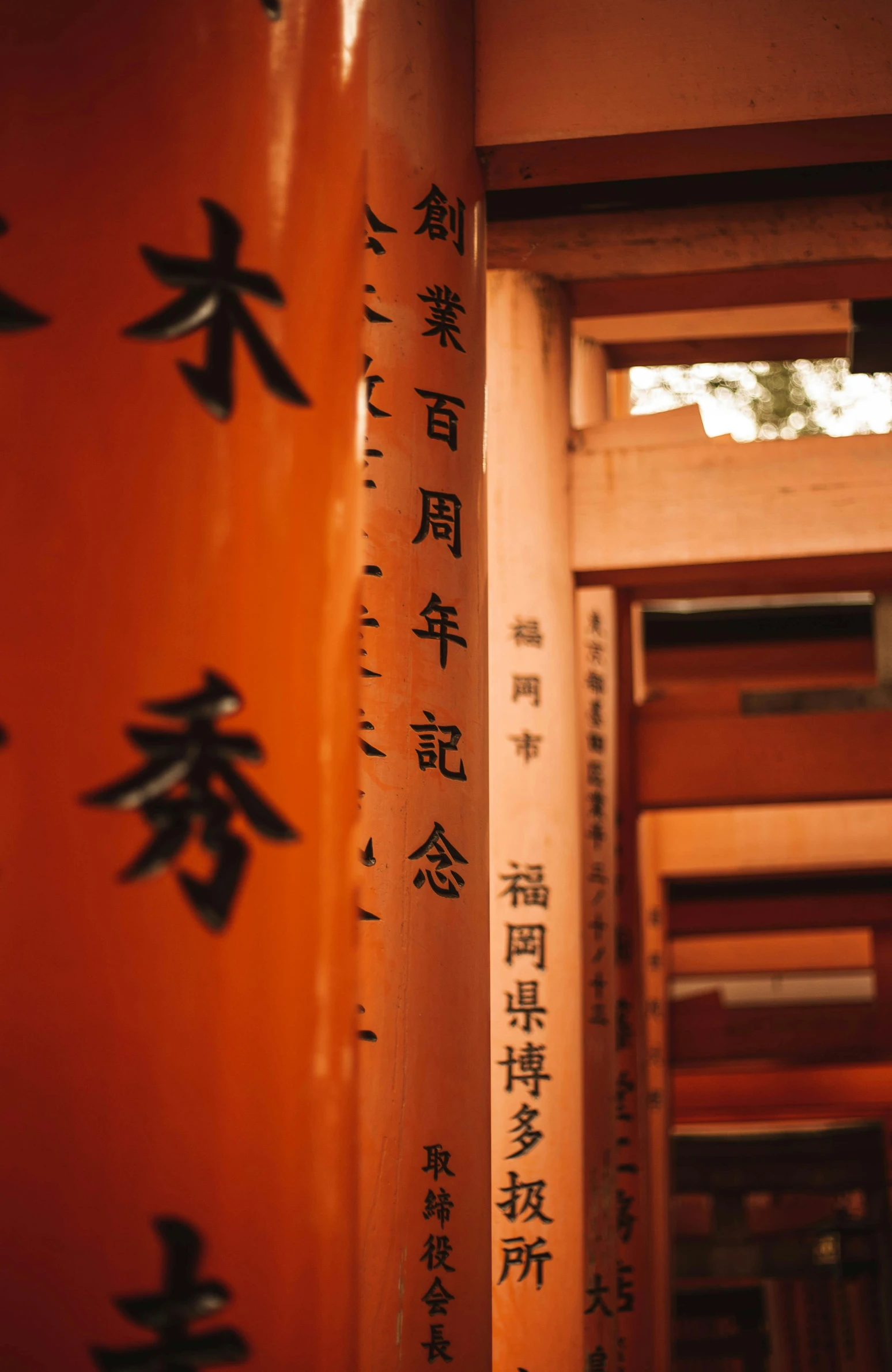 a number of asian writing on a wall, inspired by Torii Kiyomoto, ukiyo-e, orange tones, shrines, beams, medium format. soft light