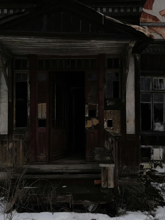 an old run down house with snow on the ground, an album cover, by Attila Meszlenyi, pexels contest winner, doorway, background image, dark academia aesthetic, photo for a store