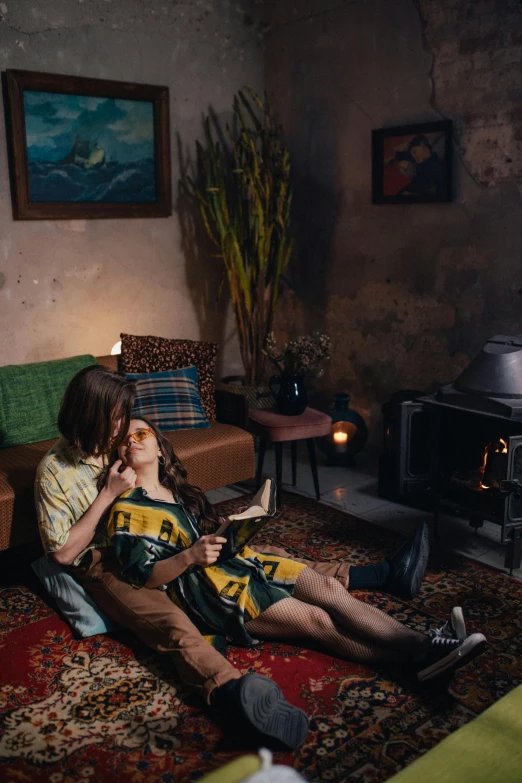 a man and a woman sitting on a rug in a living room, inspired by Elsa Bleda, pexels contest winner, retro dark vintage, couple kissing, ultra realistic 8k octan photo, cottagecore hippie