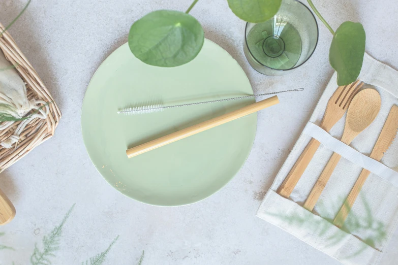 a table topped with a green plate and wooden utensils, inspired by Eden Box, unsplash, brushes her teeth, single long stick, professional product shot, bamboo