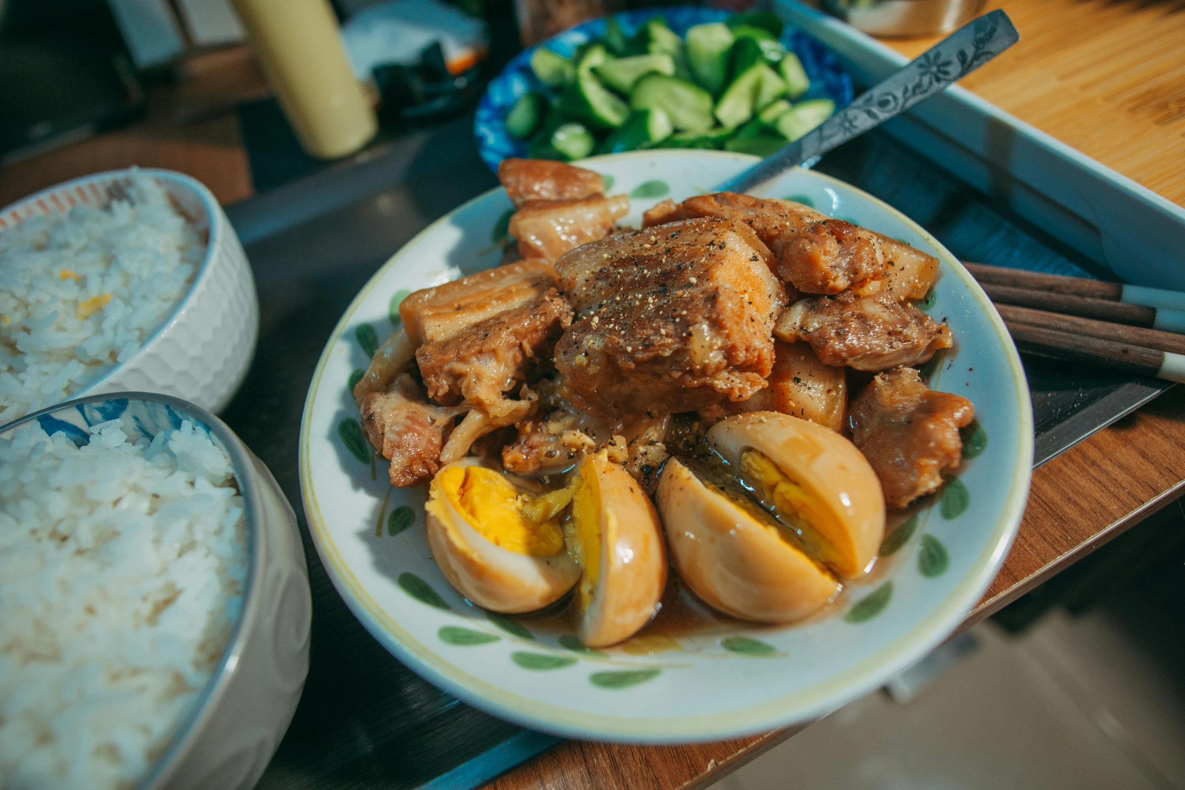 a close up of a plate of food on a table, pexels contest winner, mingei, hard boiled, manila, with a bunch of stuff, chicken