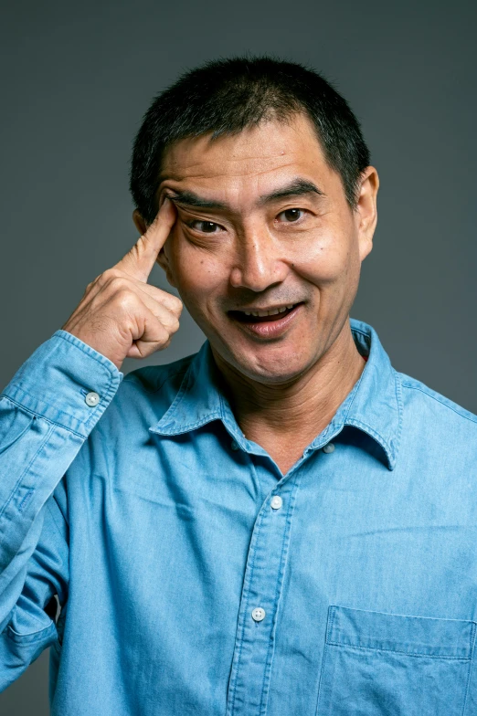 a man in a blue shirt making a funny face, inspired by Tadashi Nakayama, raised eyebrows, ernie chan, on a gray background, hand on cheek