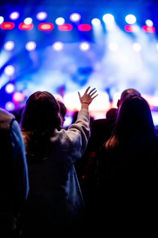 a group of people standing in front of a stage, by Niko Henrichon, pexels, happening, holding a holy symbol, listening to godly music, waving, photographed from behind