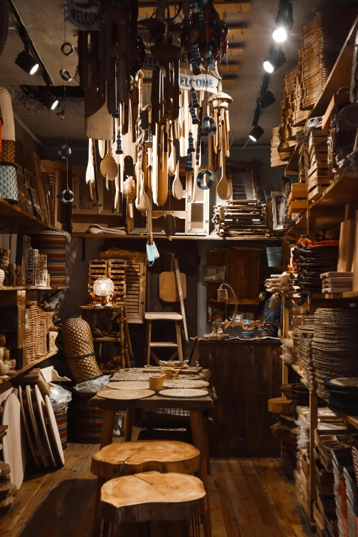 a room filled with lots of wooden furniture, by Jordan Grimmer, trending on unsplash, maximalism, cutlery, shelves full of medieval goods, at night, studio ghibili