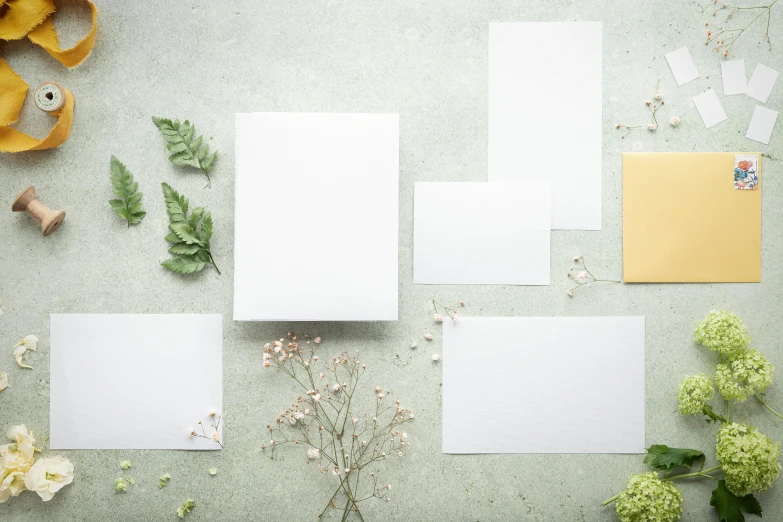 a bunch of papers sitting on top of a table, flowers and foliage, large vertical blank spaces, thumbnail, photoshoot