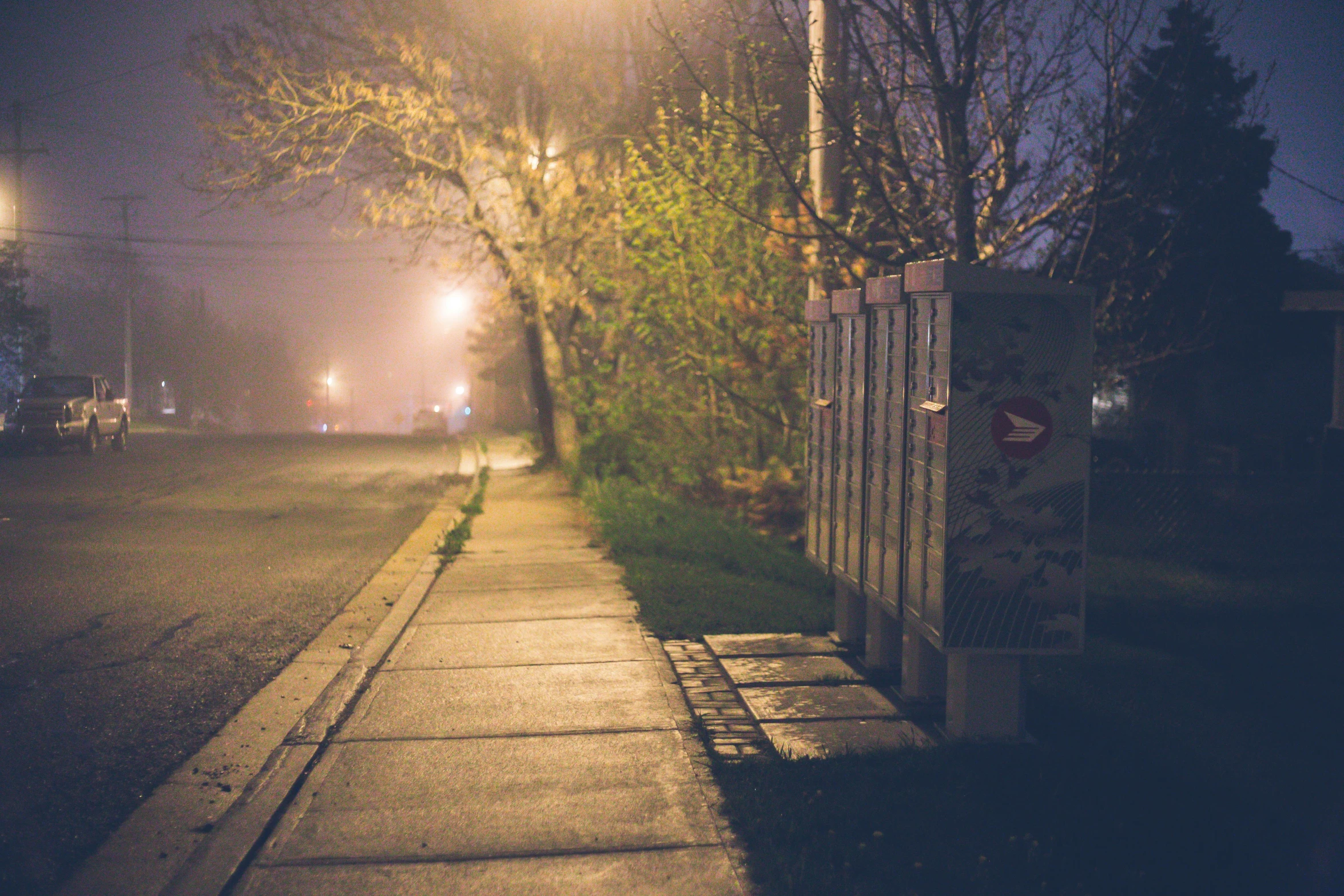 a street light sitting on the side of a road, a picture, unsplash, graffiti, photography of gregory crewdson, suburb, on a sidewalk of vancouver, hazy and dreary