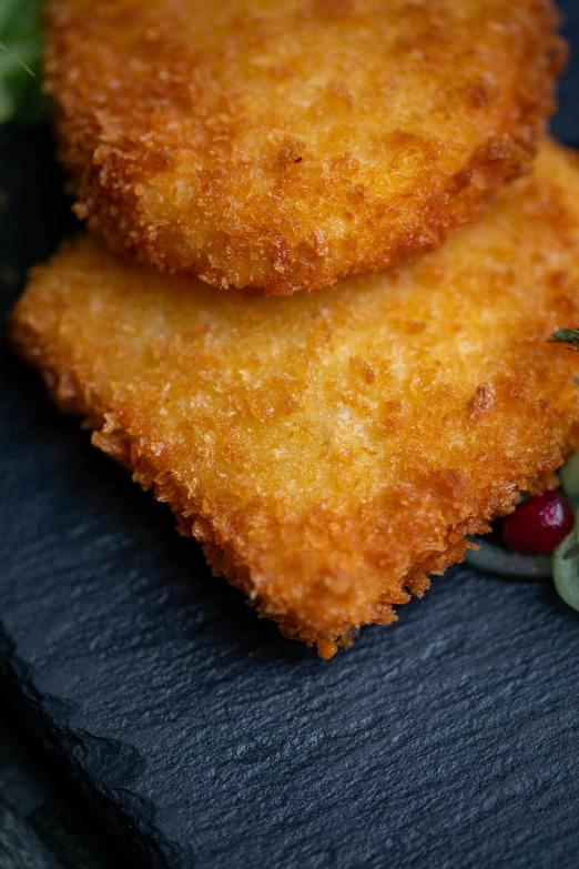 a close up of a plate of food on a table, very crispy, squares, tail fin, on a dark background