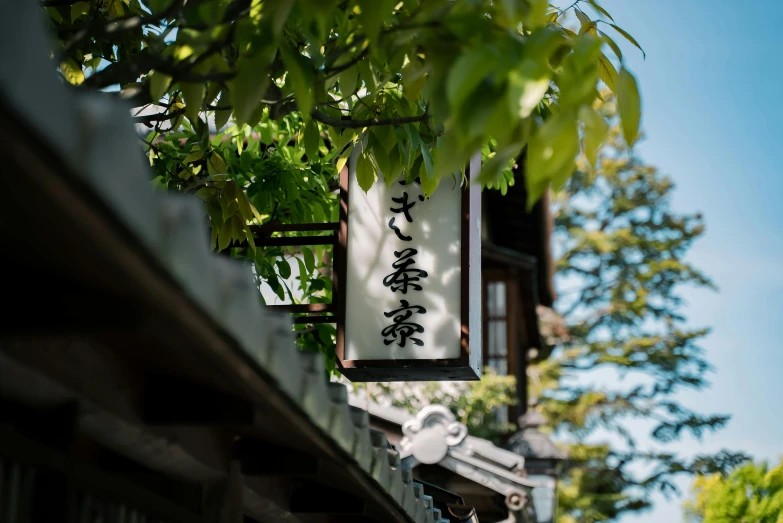 a sign hanging from the side of a building, inspired by Kanō Shōsenin, unsplash, shin hanga, delightful surroundings, 千 葉 雄 大, white, brown