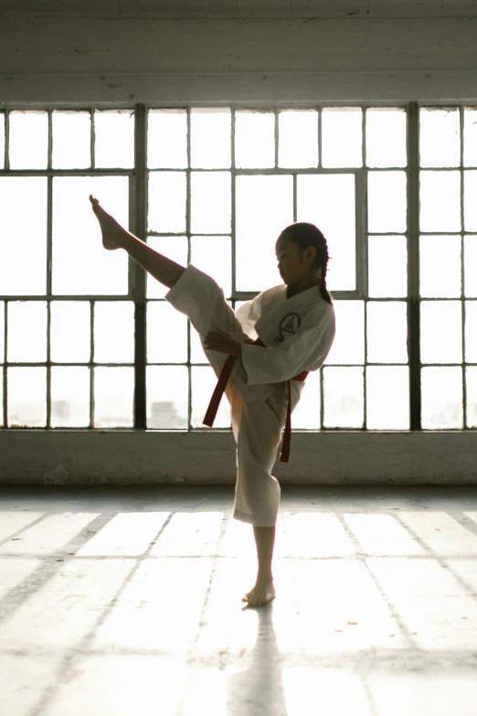 a woman doing a kick in an empty room, inspired by Liao Chi-chun, pexels contest winner, arabesque, wearing a white gi, promotional image, brown, jamel shabazz