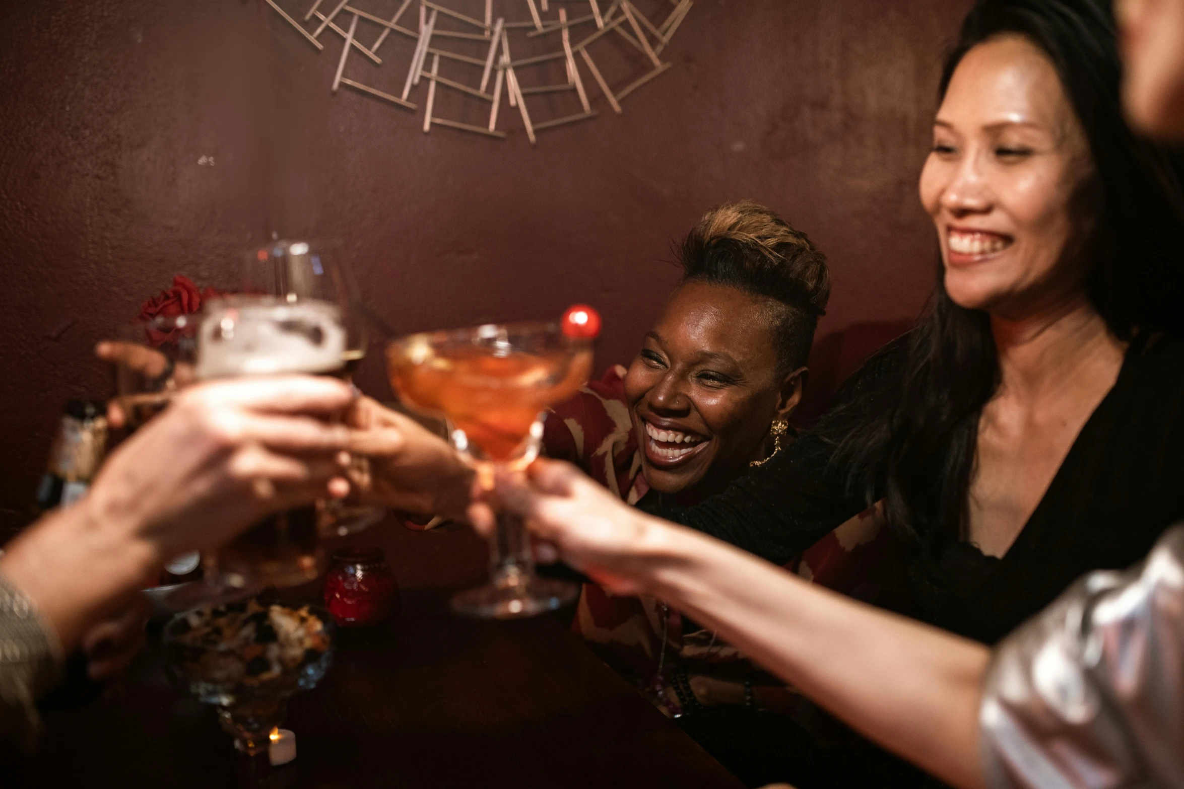 a group of people toasting at a party, a portrait, pexels contest winner, renaissance, three women, chinatown bar, thumbnail, flattened