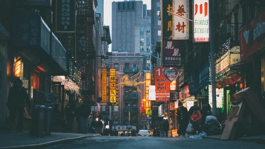 a group of people walking down a street next to tall buildings, pexels contest winner, graffiti, china town blade runner, few neon signs, oriental wallpaper, new york city at night