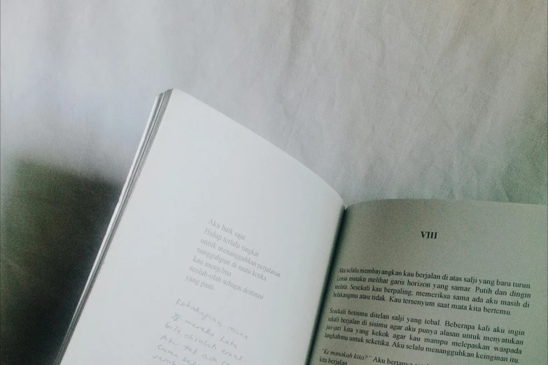 an open book sitting on top of a bed, a black and white photo, by Emma Andijewska, unsplash, letterism, silver and muted colors, in a white room, aykut aydogdu, poetry