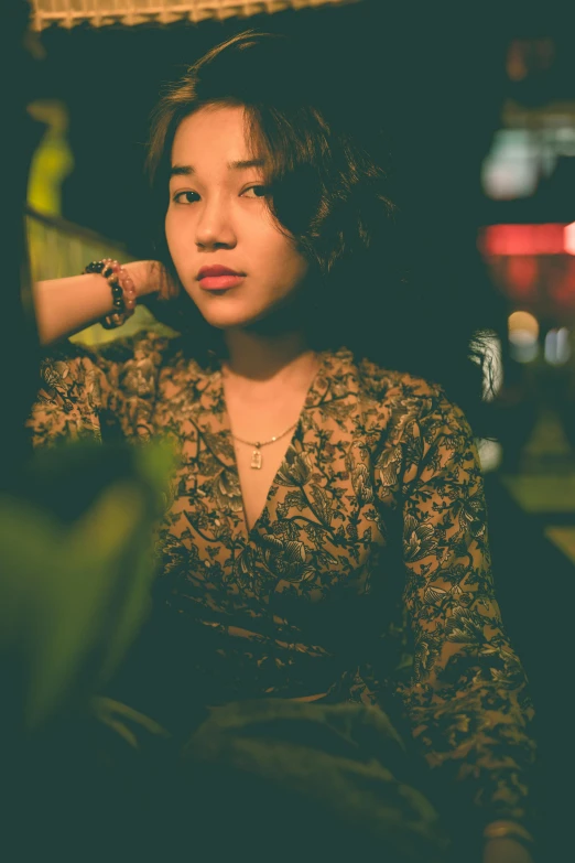 a woman sitting in front of a laptop computer, an album cover, by Ruth Jên, unsplash, ukiyo-e, sitting alone at a bar, young cute wan asian face, ((portrait)), lightroom preset