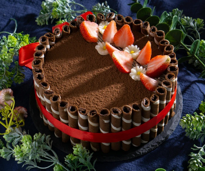 a chocolate cake with strawberries on top of it, coral red, papyrus, volcanic, award - winning