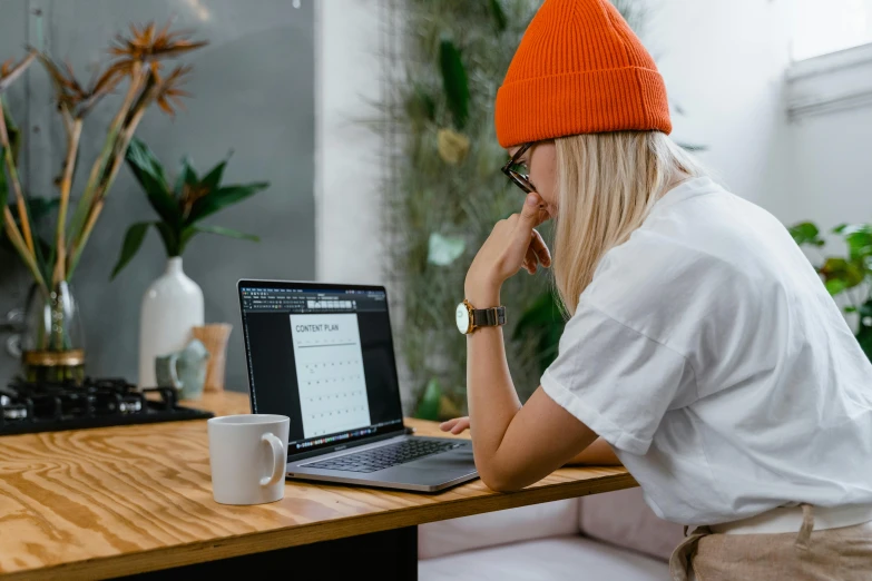 a woman sitting at a table with a laptop, trending on pexels, pixel art, with black beanie on head, wearing an orange t shirt, next to a plant, it specialist