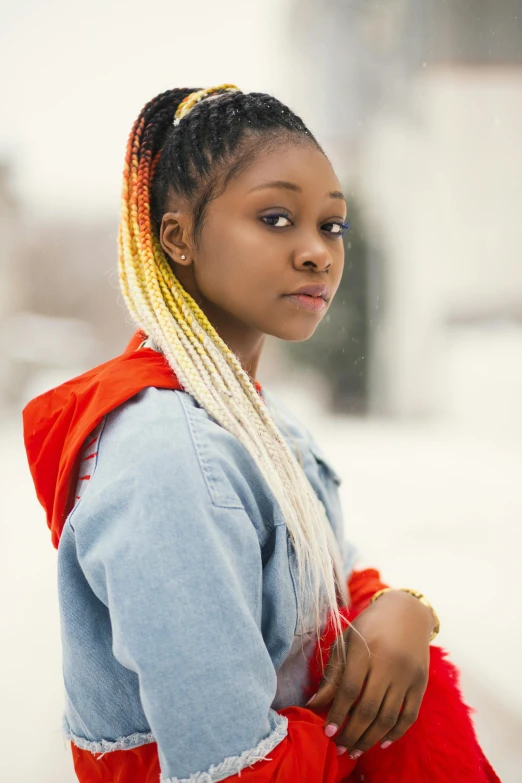 a young girl sitting on a bench in the snow, an album cover, inspired by Ras Akyem, trending on pexels, white black fade braided hair, colorful]”, waist up portrait, gradient yellow to red