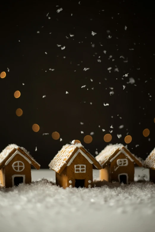 a group of gingerbread houses in the snow, a tilt shift photo, by Daniel Seghers, shutterstock contest winner, conceptual art, on a black background, 15081959 21121991 01012000 4k, scattered golden flakes, thumbnail